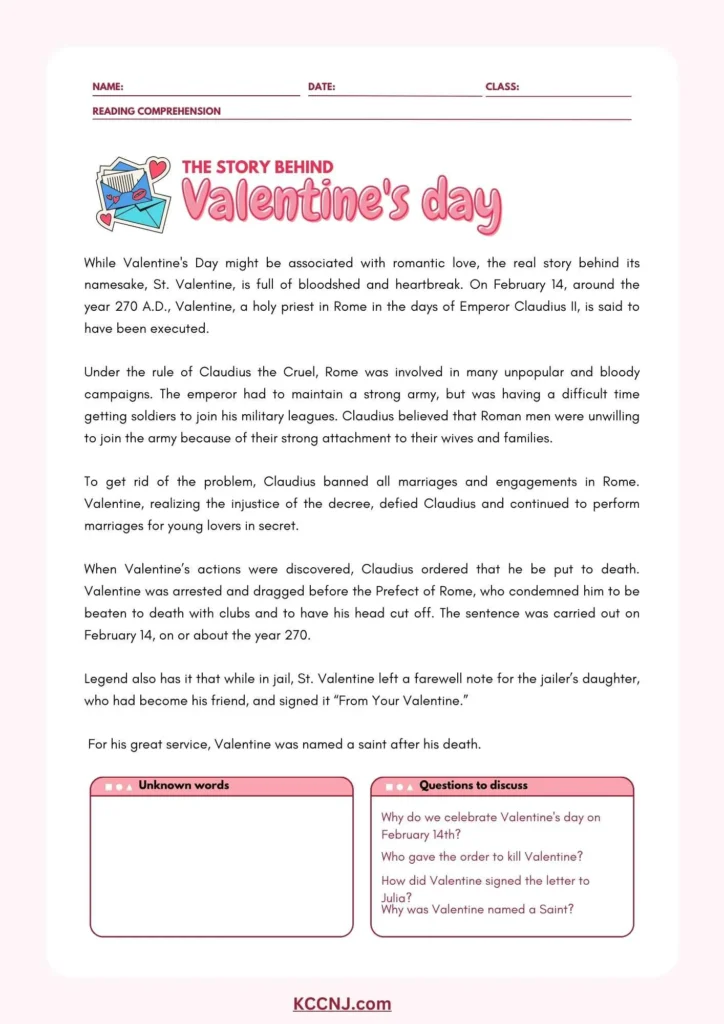 Valentines Day Reading Comprehension Worksheet