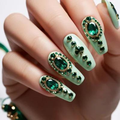 Jewel-Embellished St Patrick's Day Nails