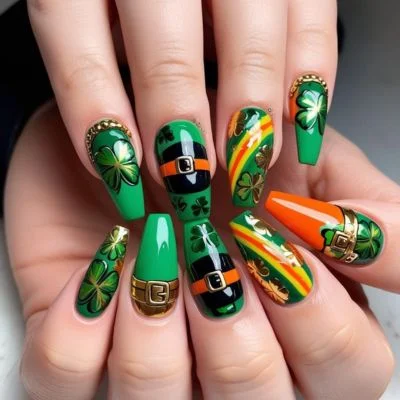 Long and Coffin-Shaped St Patrick's Day Nails